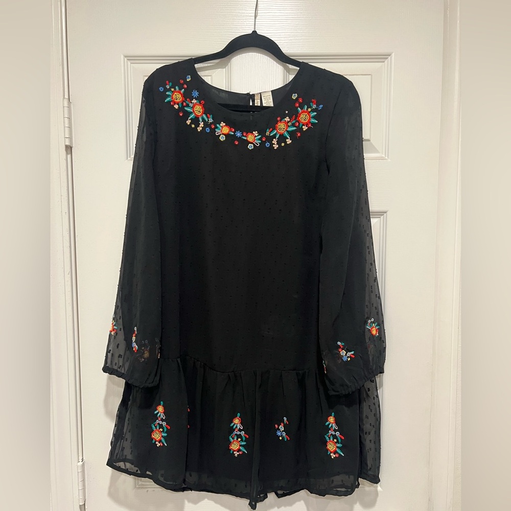 Japna black Swiss dot floral embroidery short boho style dress